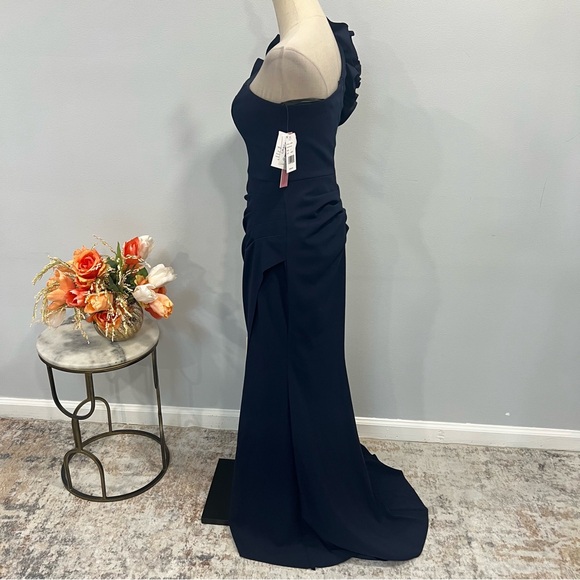 Aqua Brand Navy Blue Ruffled One Shoulder Maxi Formal Evening Gown - Reemoly - Picture 12 of 13